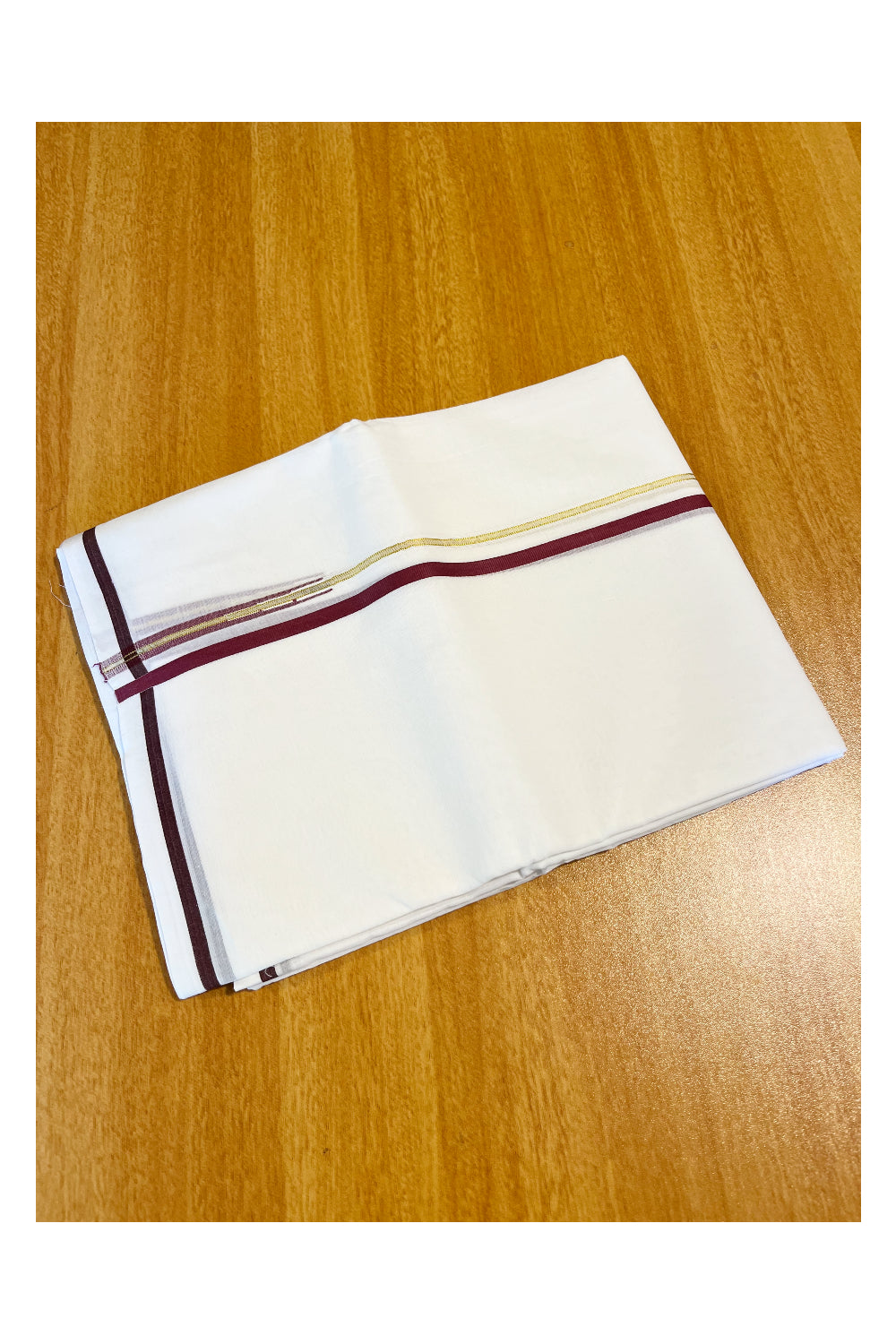 Pure White Cotton Double Mundu with Maroon Border (South Indian Dhoti)