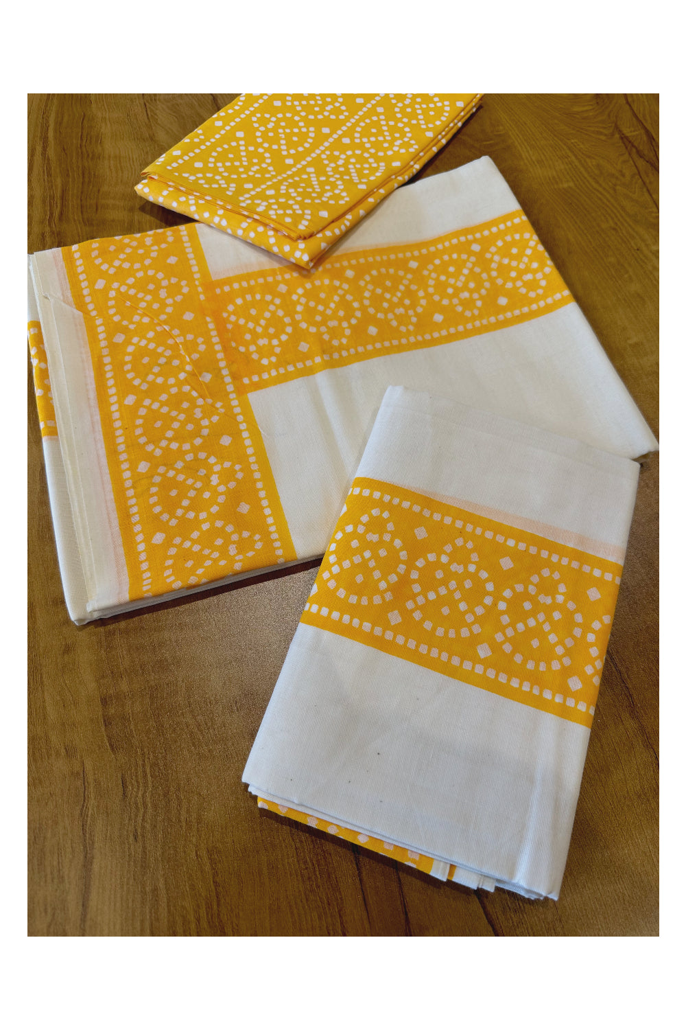 Kerala Cotton Set Mundu (Mundum Neriyathum) with Yellow Block Prints and Seperate Blouse Piece (Onam Set Mundu 2023)