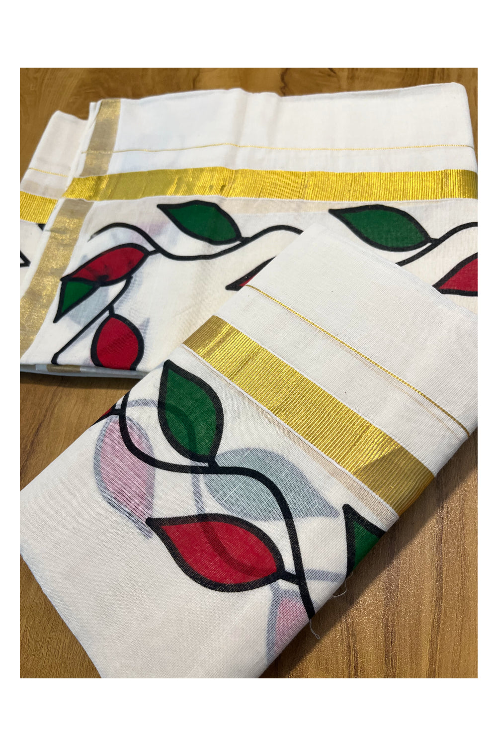 Pure Cotton Set Mundu (Mundum Neriyathum) with Red and Green Leaf Prints on Kasavu Border(2.80M)