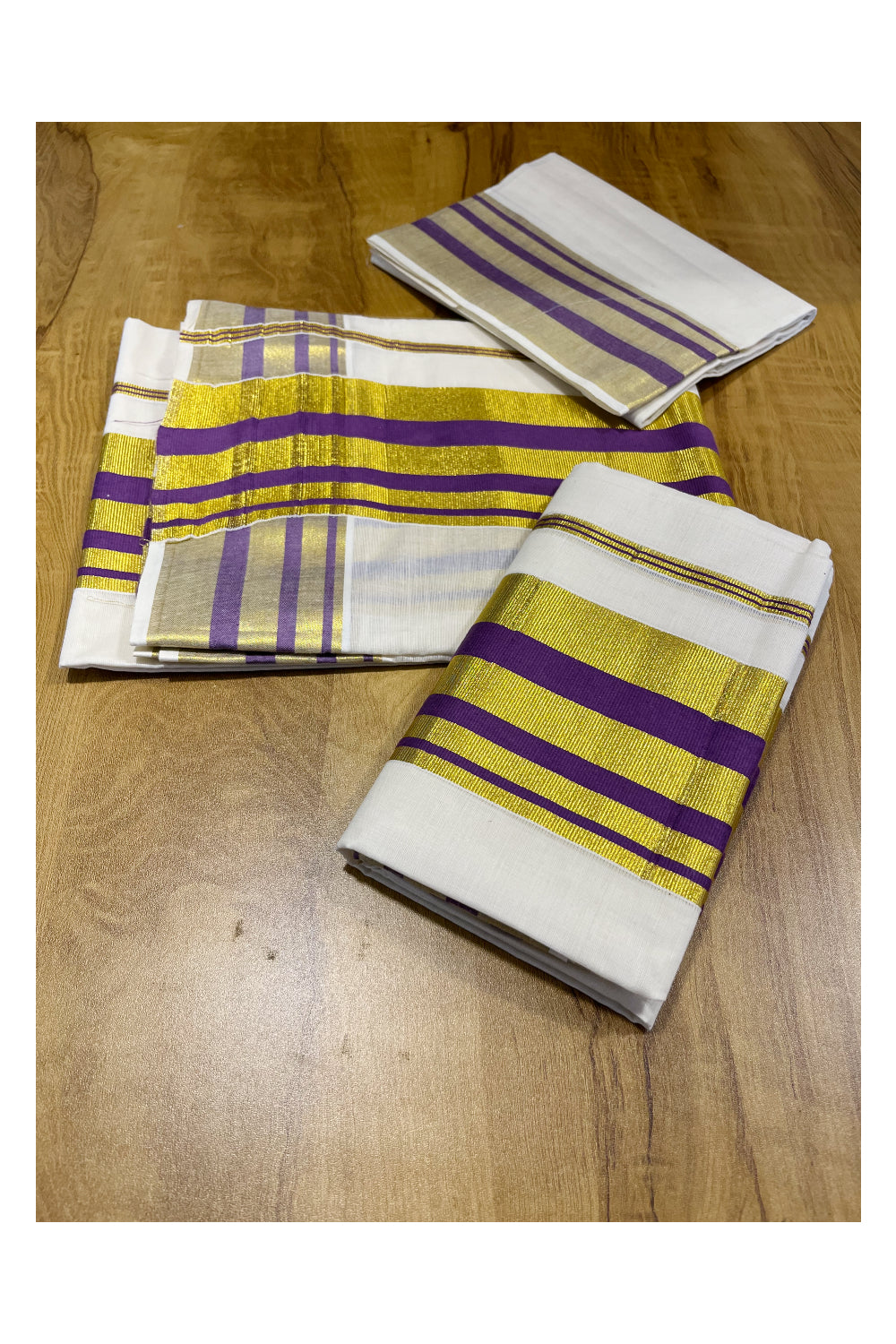 Kerala Cotton Mundum Neriyathum Single (Set Mundu) with Violet and Kasavu Border (2.80 M Neriyathu) And Matching Blouse Piece