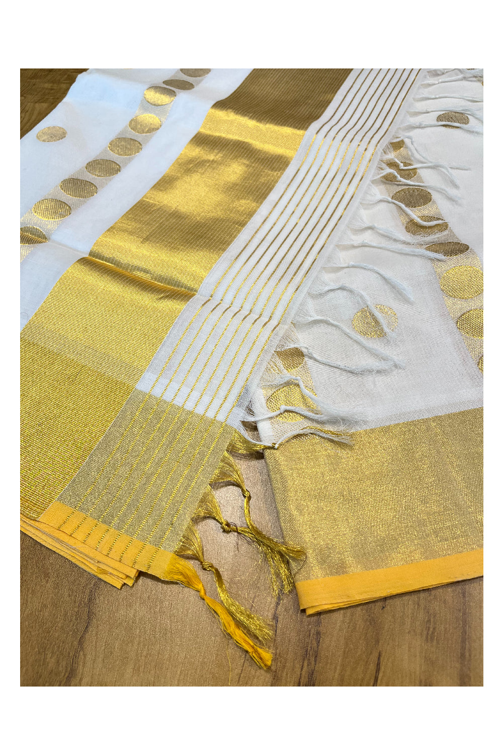 Southloom Premium Handloom Kasavu Saree with Golden Polka Woven Designs Across Body