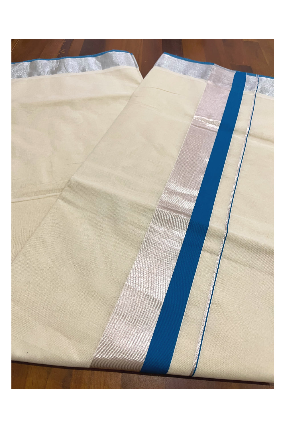 Pure Cotton Kerala Saree with Silver Kasavu and Blue Border (Onam 2023 Saree)