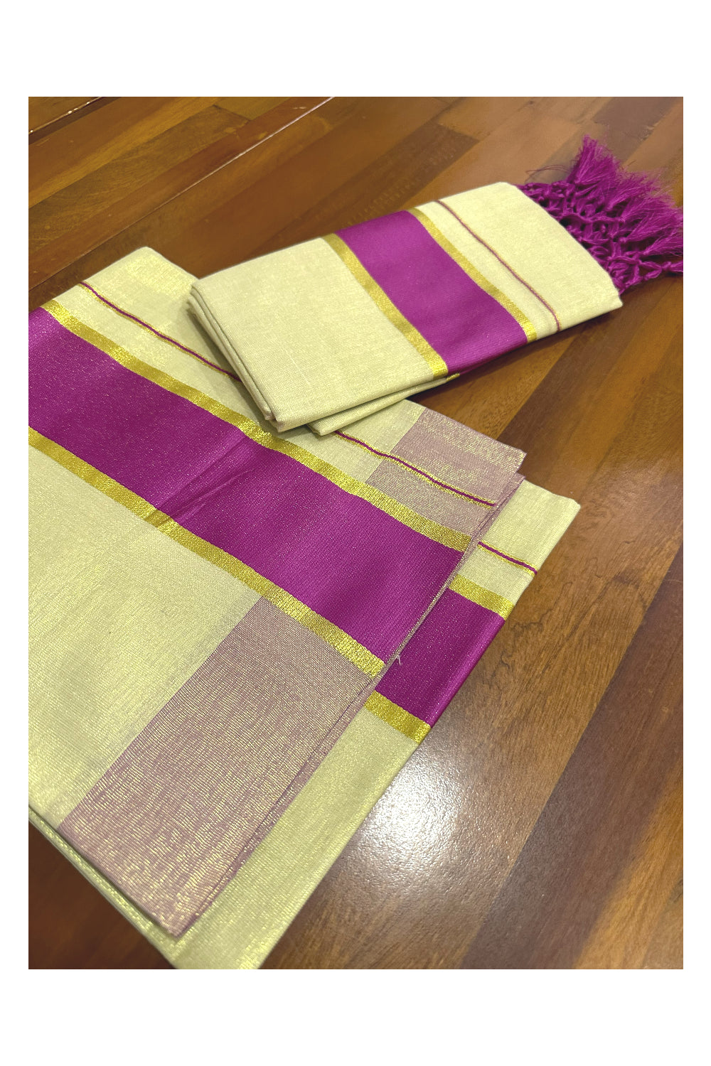 Kerala Tissue Kasavu Set Mundu (Mundum Neriyathum) with Magenta Border Tassels on Pallu