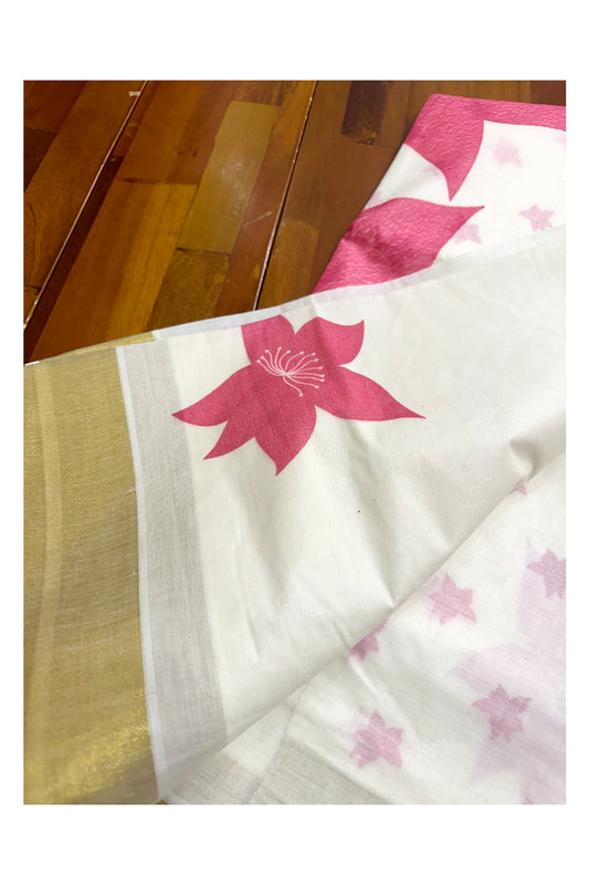 Southloom Exclusive Onam Kasavu Saree with Pink Floral Print Across Body in High Quality (Matching Printed Blouse Included)