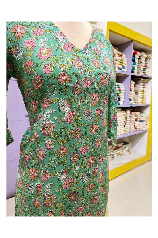 Southloom Stitched Cotton Kurti in Green and Pink Printed Designs