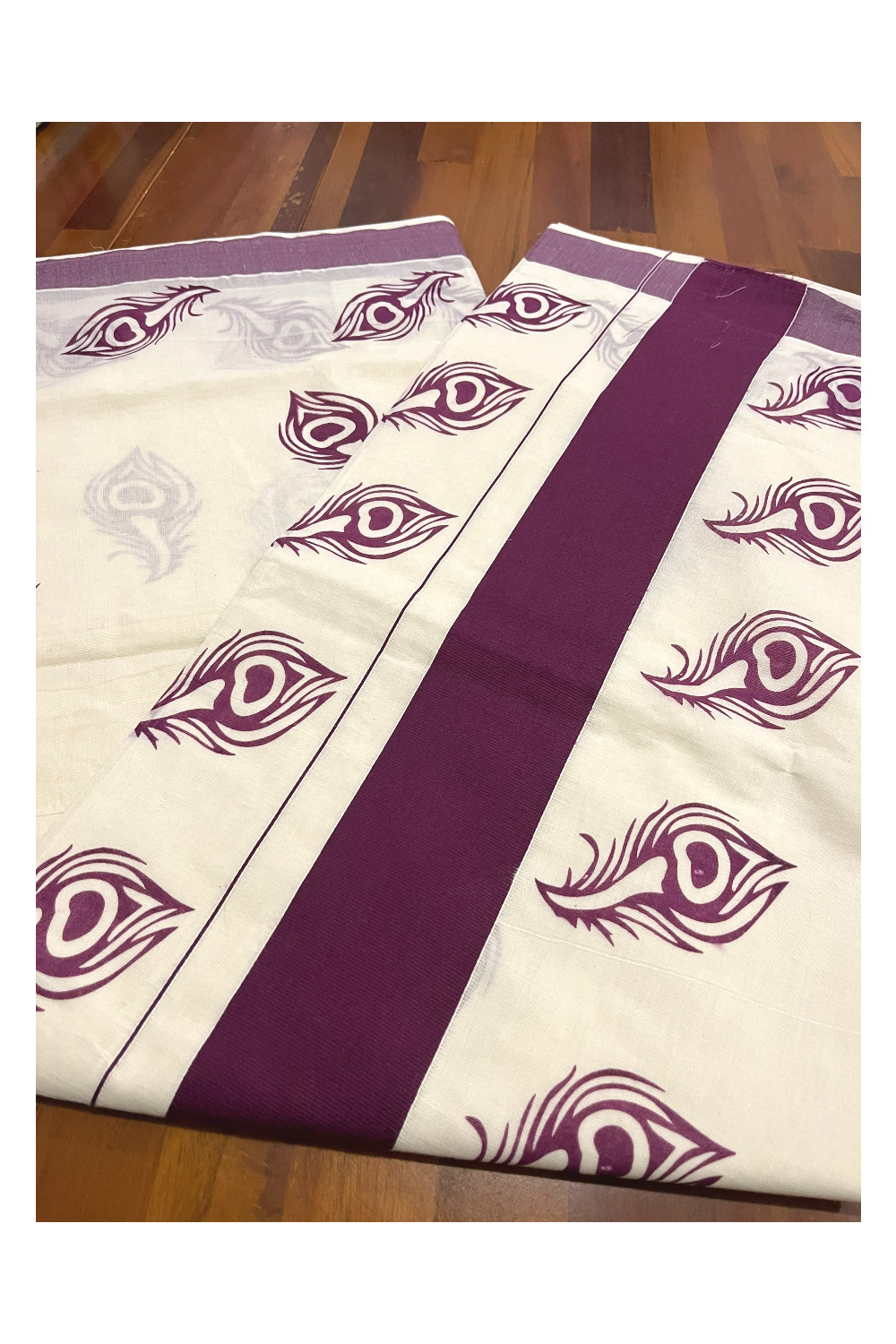 Pure Cotton Kerala Saree with Purple Feather Block Printed Border