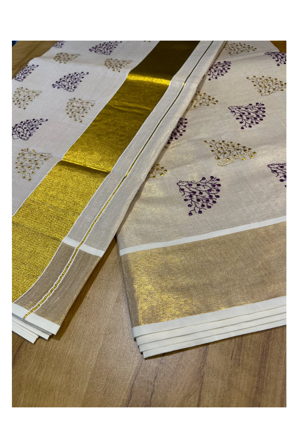 Southloom Kerala Tissue Kasavu Saree with Violet and Gold Floral Embroidery Design on Body