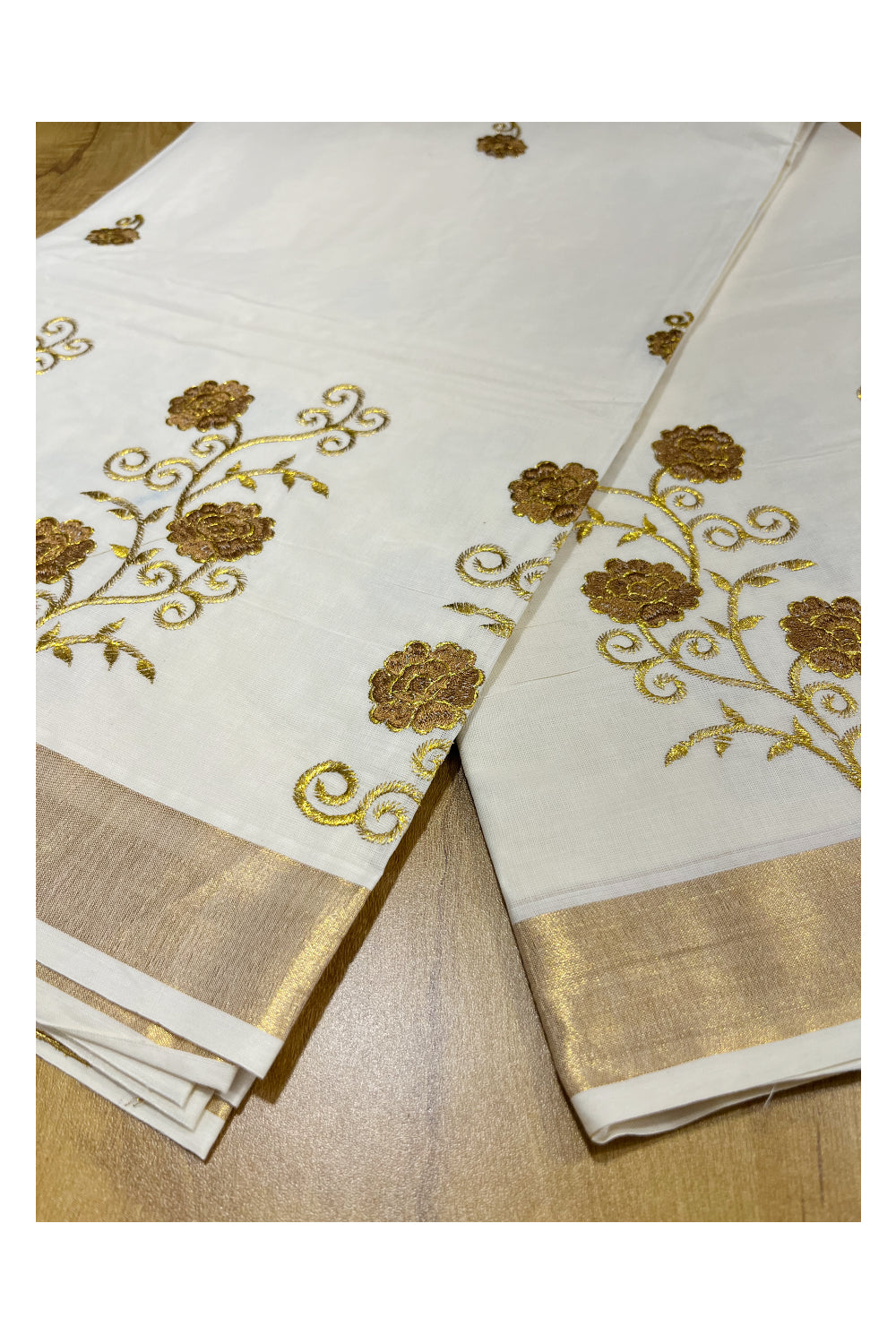 Southloom Kerala Kasavu Saree with Brown and Gold Floral Embroidery