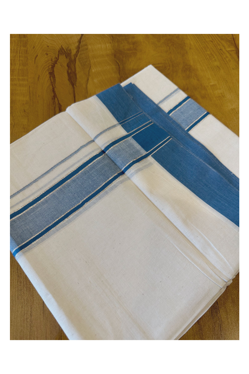 Kerala Pure Cotton Double Mundu with Blue and Silver Kasavu Border (Onam Mundu 2023)