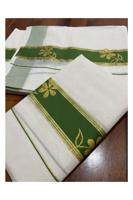 Cotton Single Set Mundu (Mundu Neriyathum) with Golden Floral Block Prints on Green Border (Onam Set Mundu 2023)