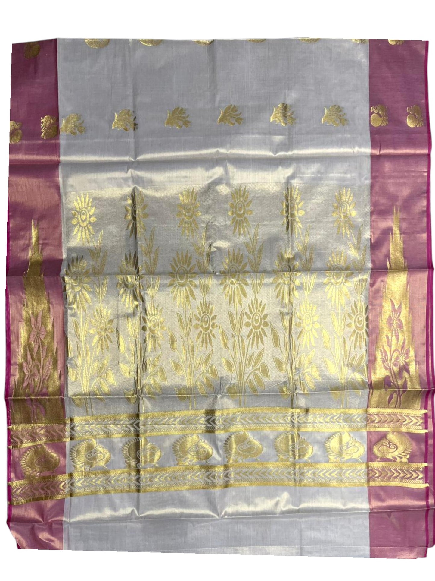 Southloom  Kerala Tissue Kasavu Heavy Work Saree with Peacock Design And Pink Border SL483