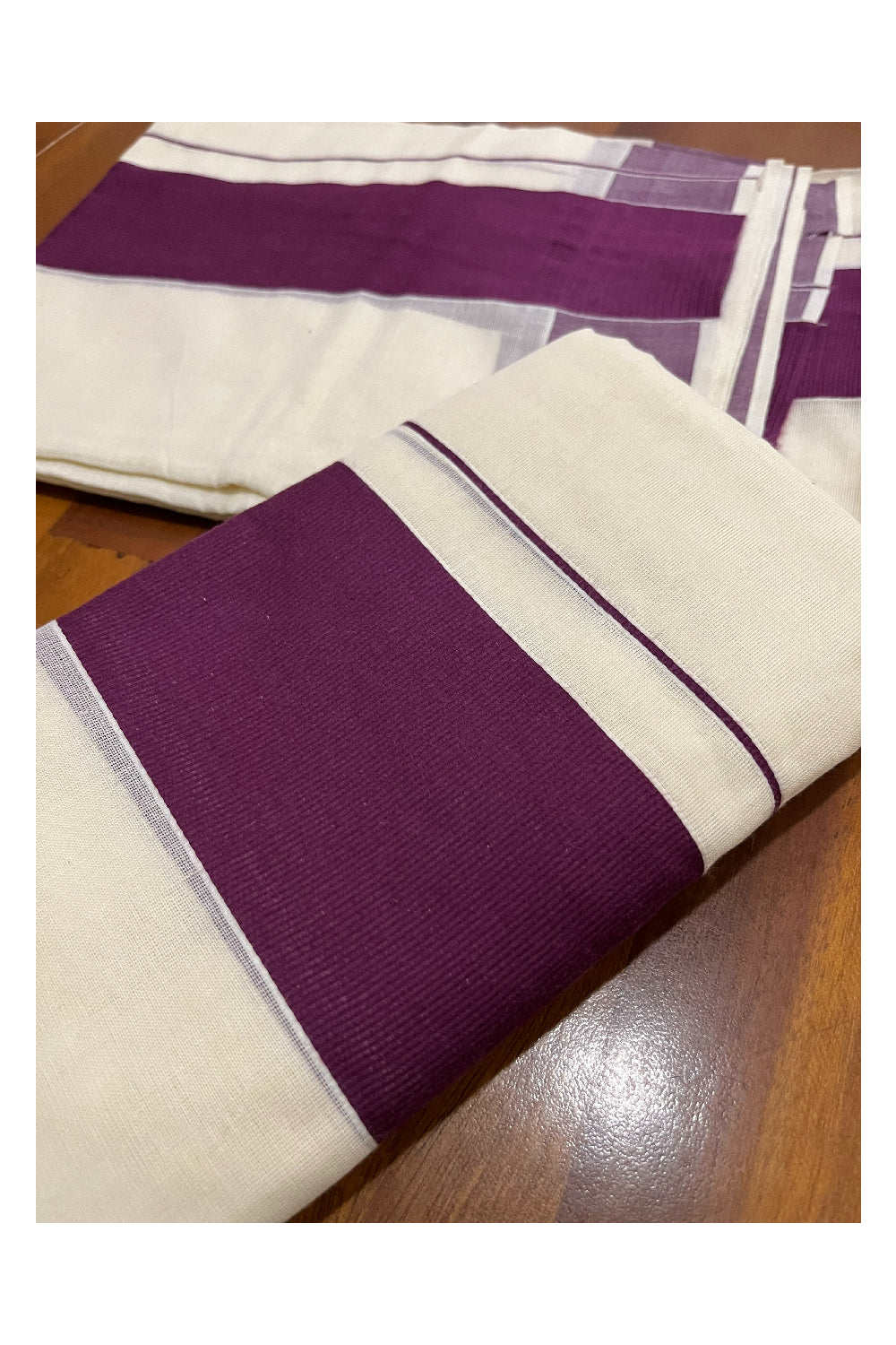 Kerala Cotton Set Mundu (Mundum Neriyathum) Single with Plain Purple Border 2.80 Mtrs