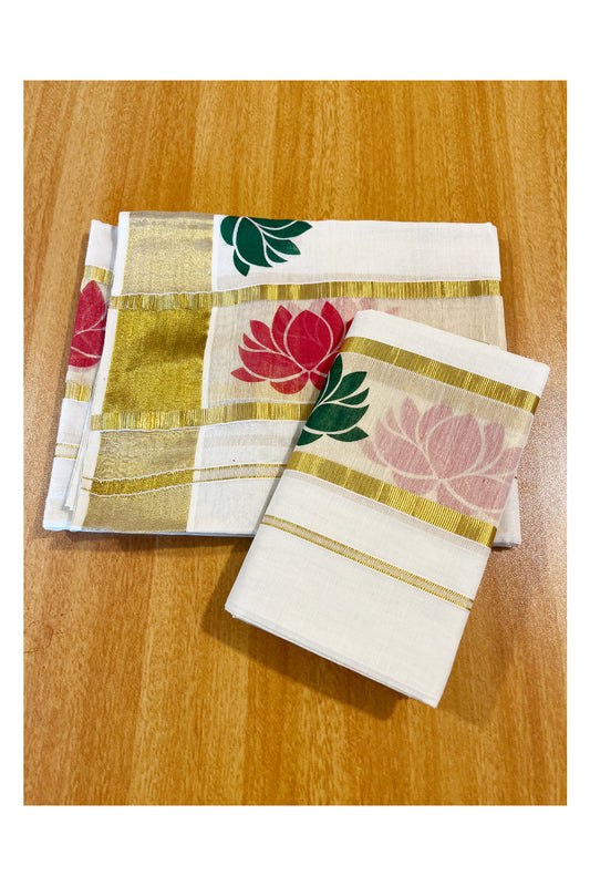 Kerala Cotton Single Set Mundu (Mundum Neriyathum) with Red And Green Lotus Block Prints On Kasavu Border 2.80 Mtrs