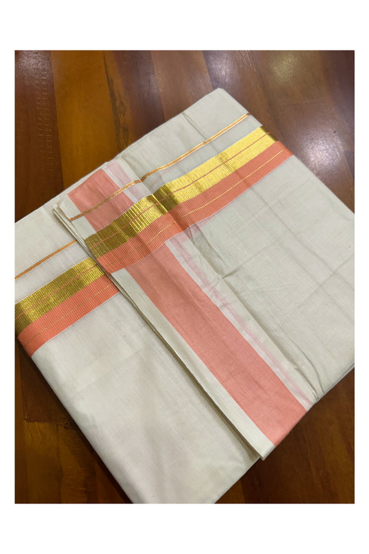 Kerala Pure Cotton Double Mundu with Peach And Kasavu Border (South Indian Dhoti)