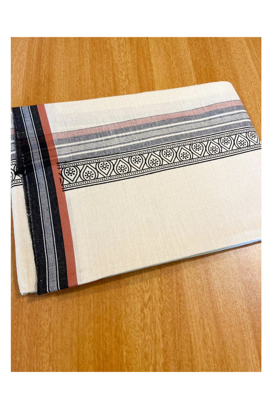 Southloom Off White And Black Brown Printed Single Mundu / Otta Mundu / Lungi (South Indian Kerala Dhoti)