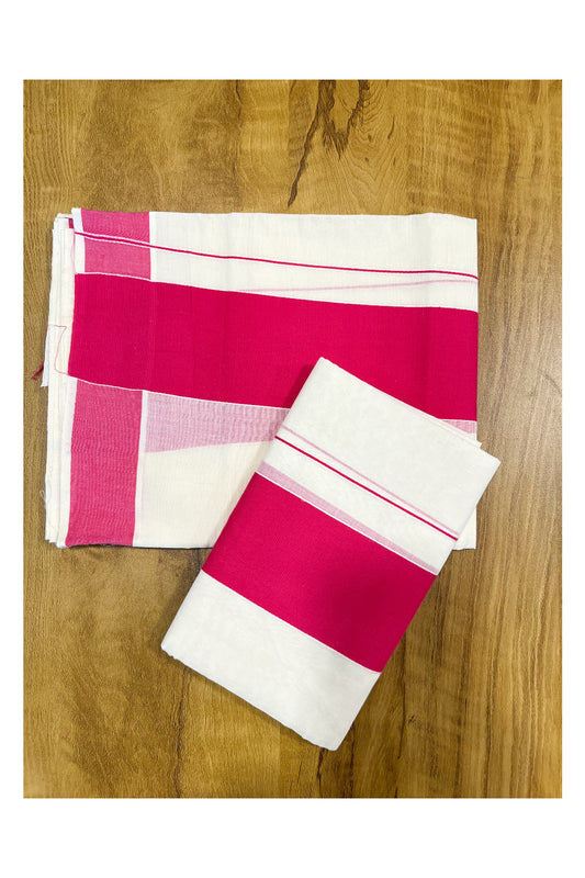 Kerala Cotton Mundum Neriyathum Single (Set Mundu) with Pink Border 2.80 Mtrs