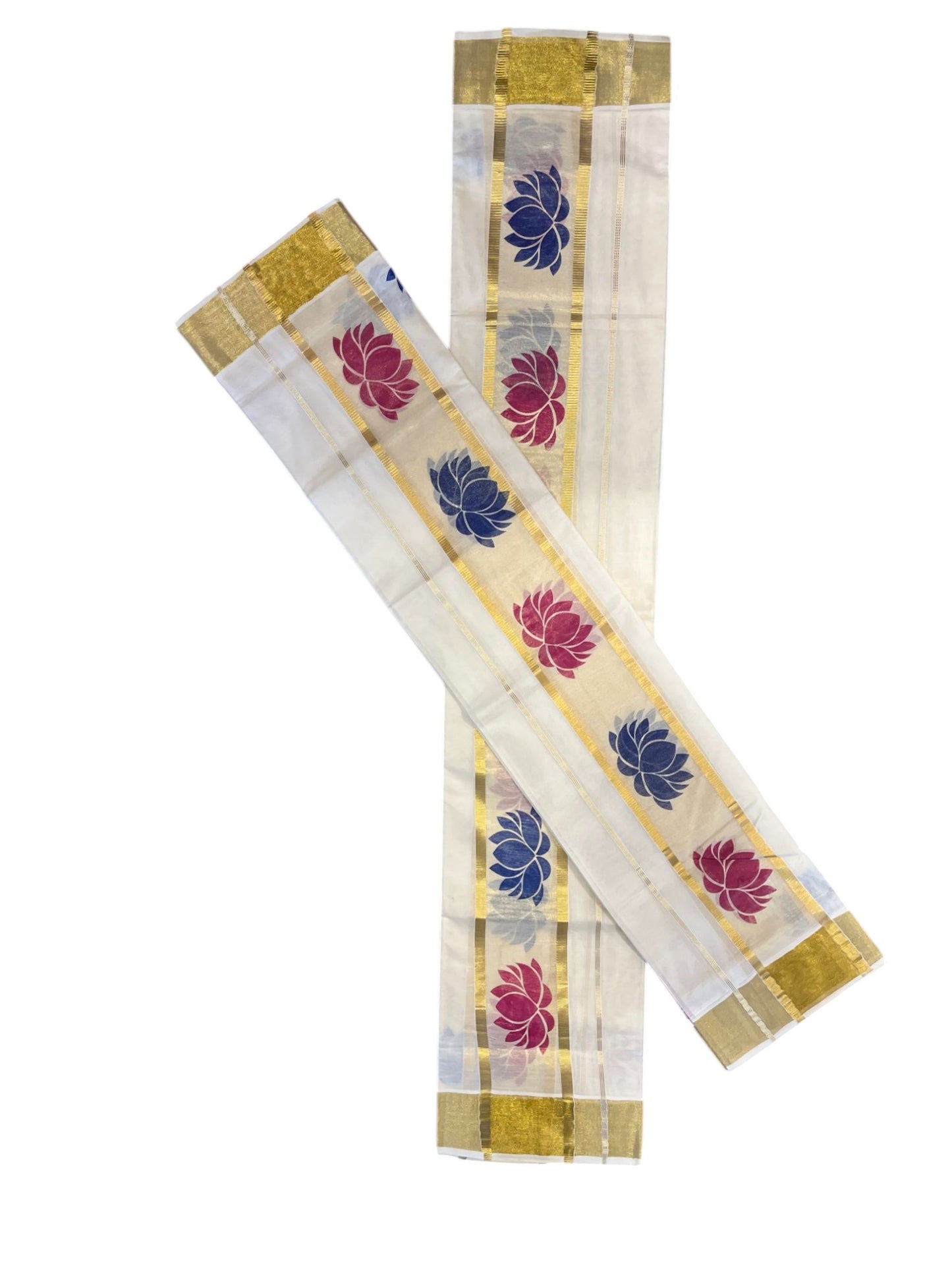 Kerala Tissue Single Set Mundu (Mundum Neriyathum) with Pink And Blue Lotus Block Prints On Kasavu Border 2.80 Mtrs