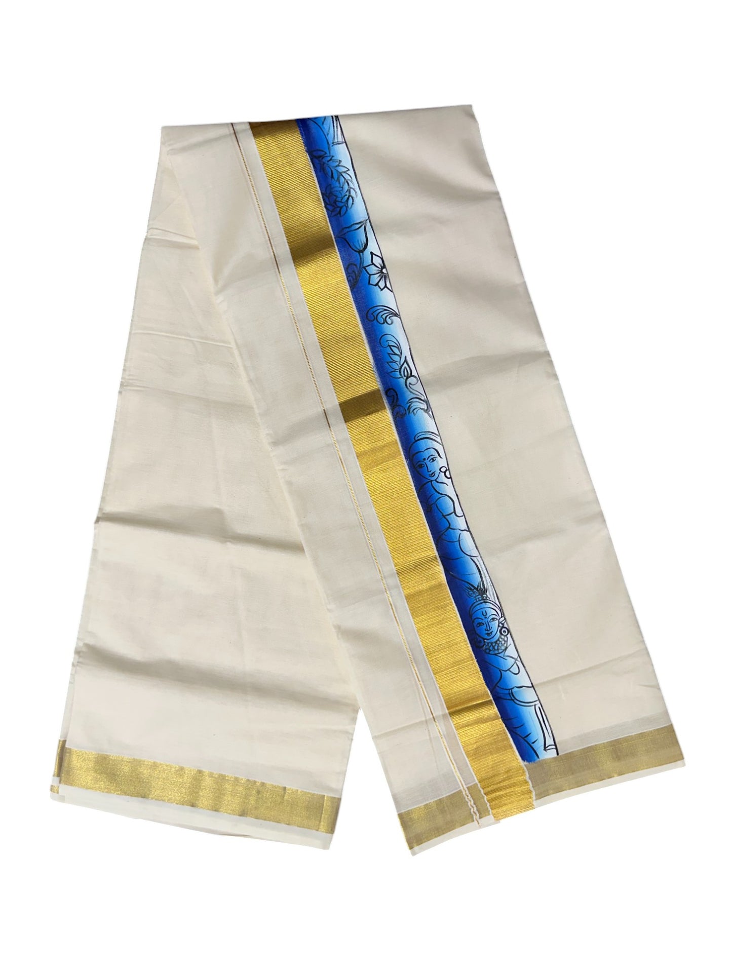 Kerala Pure Cotton Double Mundu with Hand Painted Designs on Kasavu Border(South Indian Kerala Dhoti)