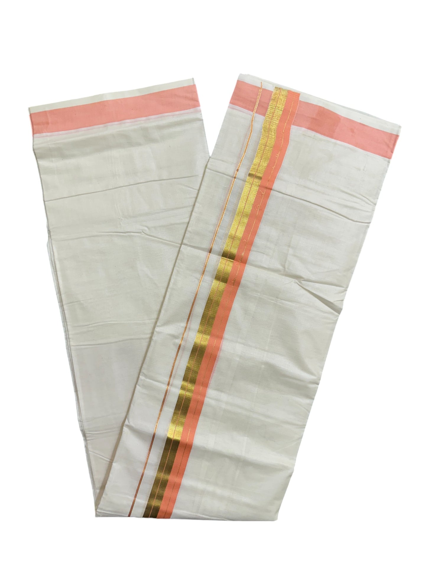 Kerala Pure Cotton Double Mundu with Peach And Kasavu Border (South Indian Dhoti)