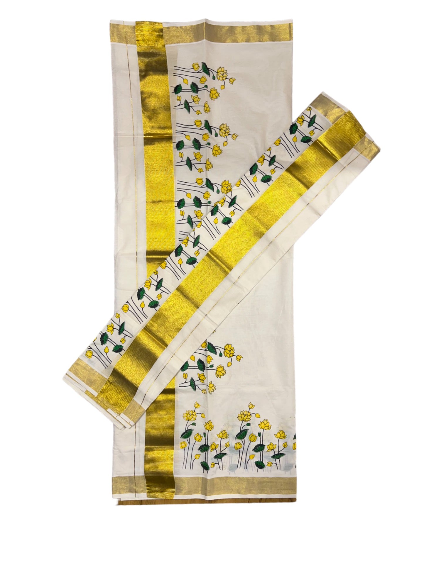 Southloom Onam Special Cotton Mundum Neriyathum (Set Mundu) with Subtle Yellow Lotus Prints 2.80Mtrs