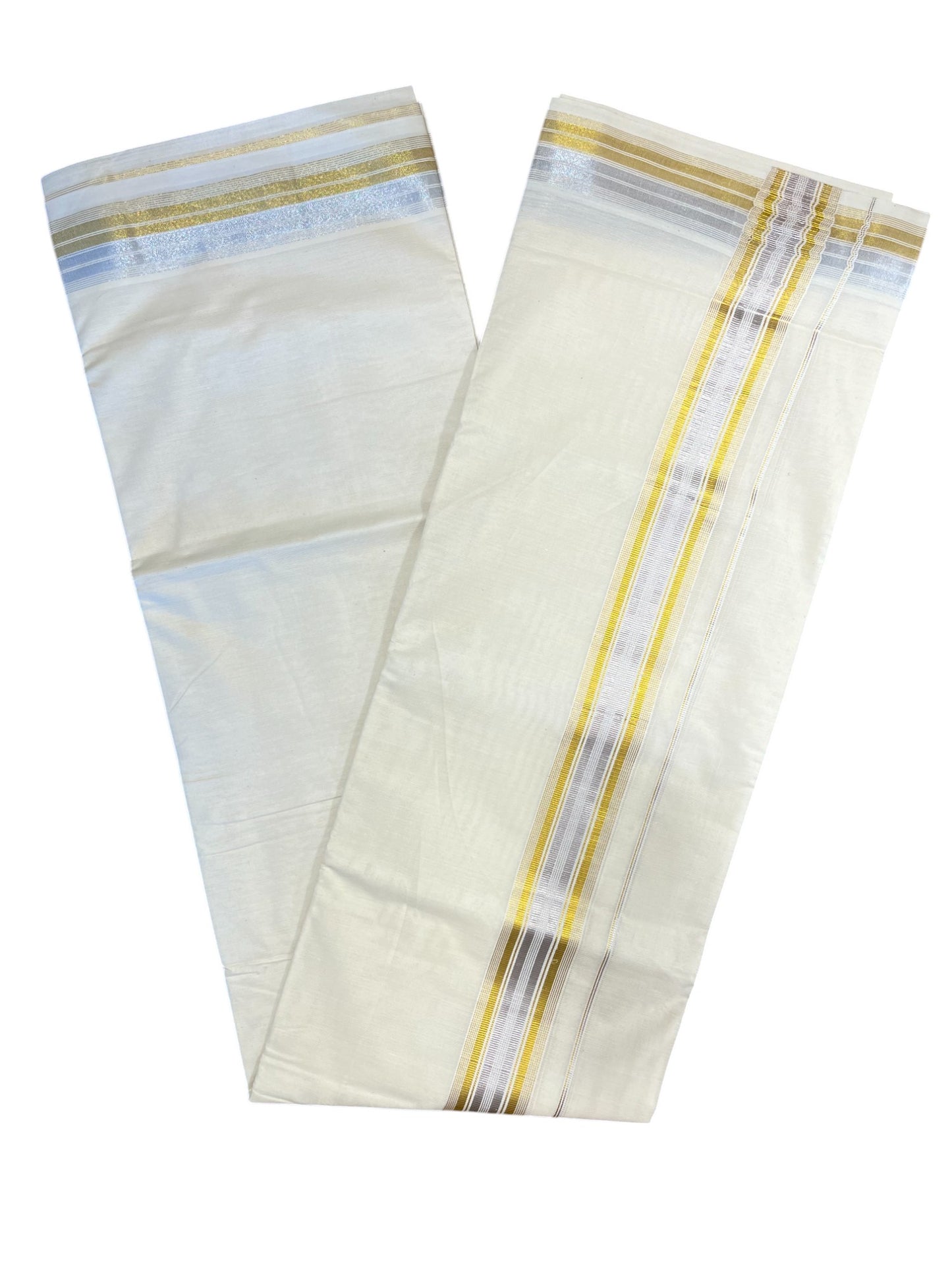 Pure Cotton Off White Double Mundu with Silver and Gold Kasavu Lines Kara (South Indian Kerala Dhoti)