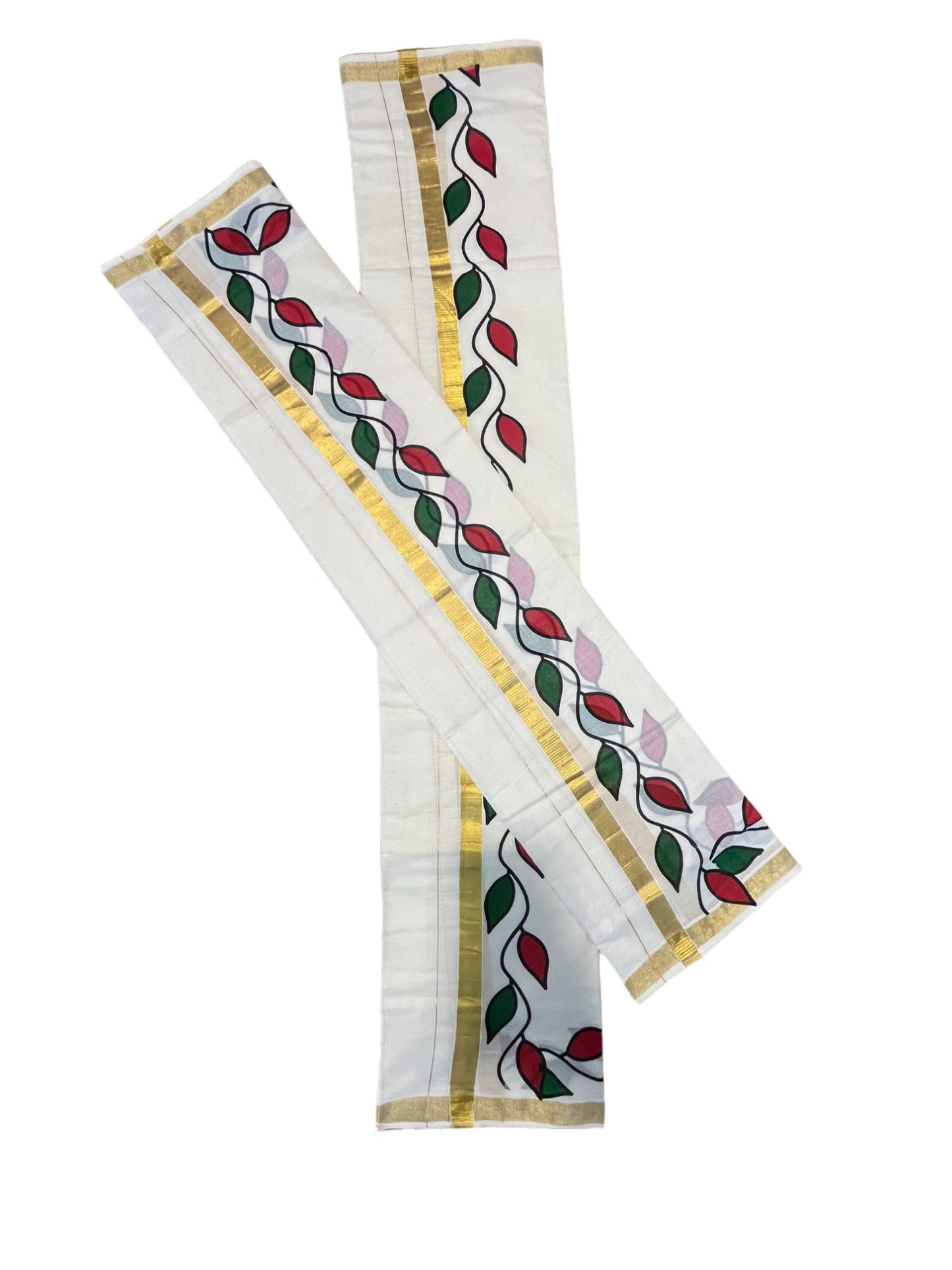 Pure Cotton Set Mundu (Mundum Neriyathum) with Red and Green Leaf Prints on Kasavu Border(2.80M)