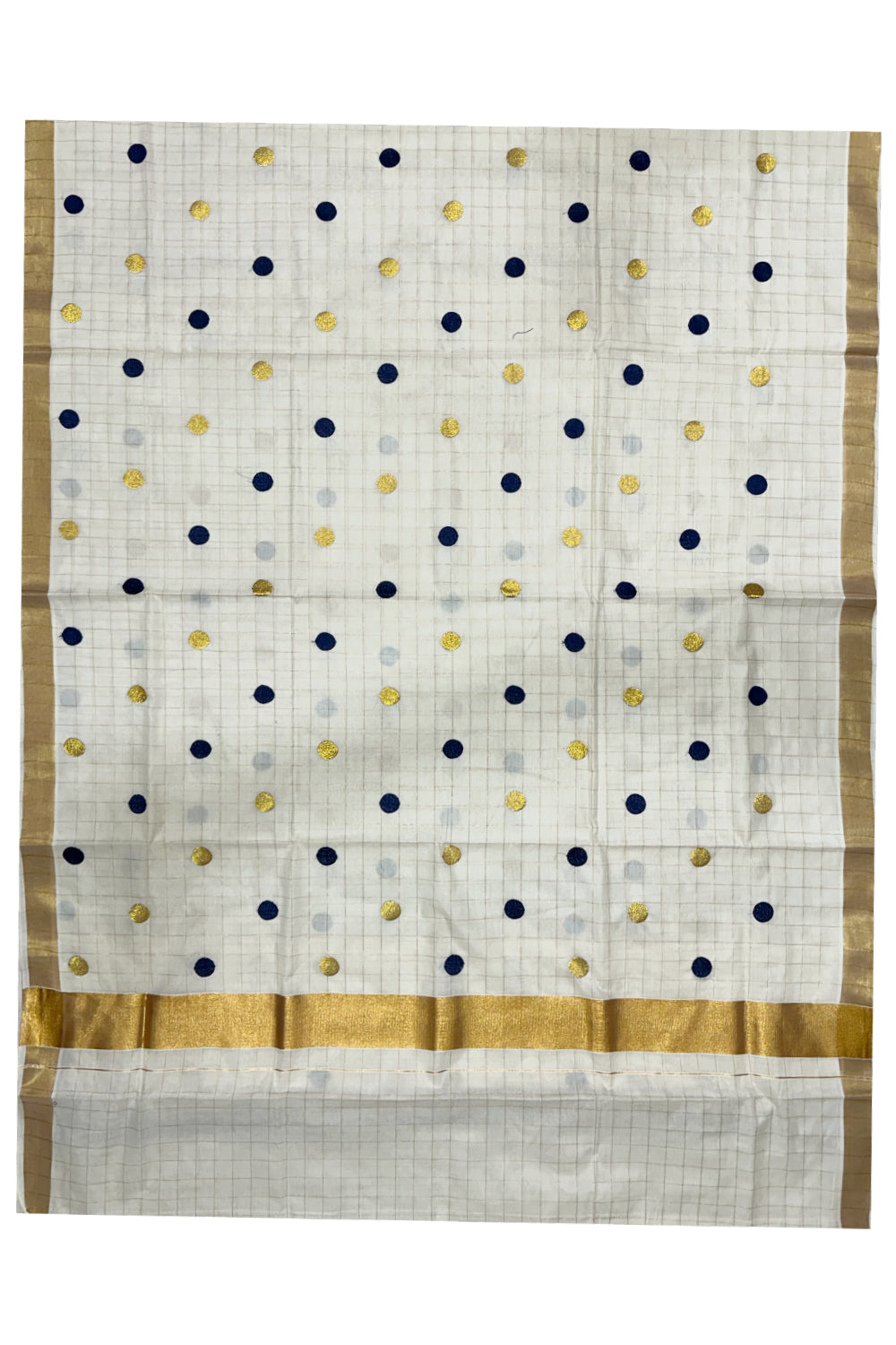 Southloom Kerala Check Saree with Woven Polka Dots in Kasavu and Blue Colour