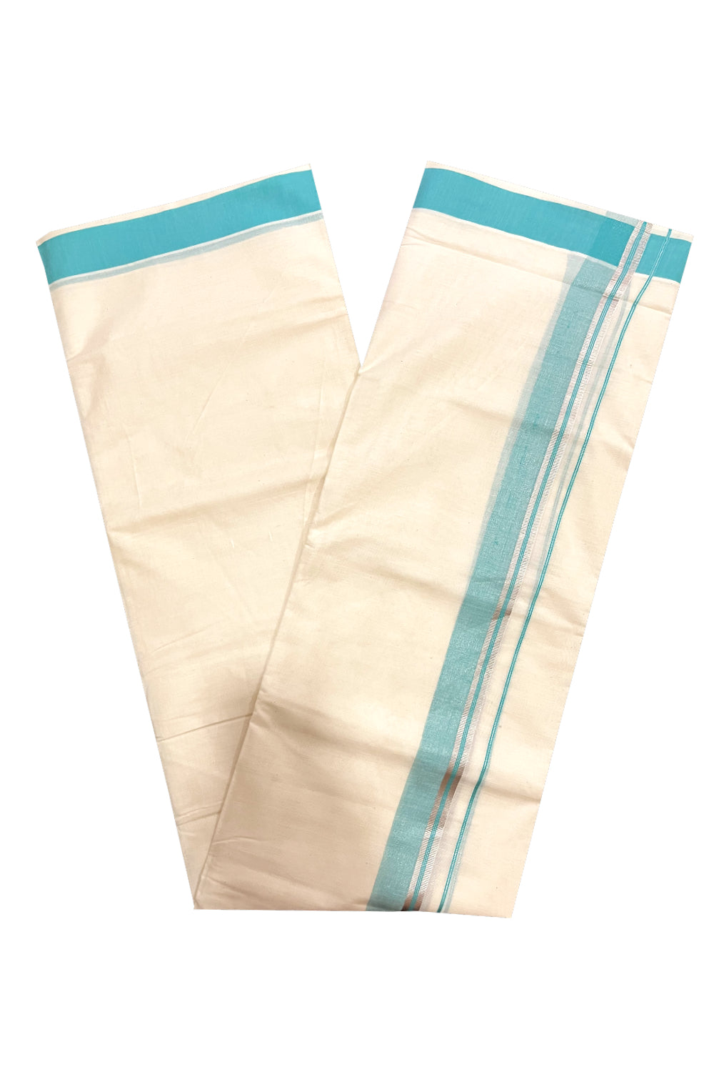 Kerala Cotton Double Mundu with Turquoise and Silver Kasavu Border (Onam Mundu 2023)