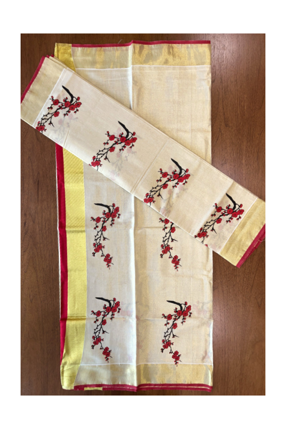 Kerala Tissue Set Mundu (Mundum Neriyathum) with Red Block Prints and Kasavu Border