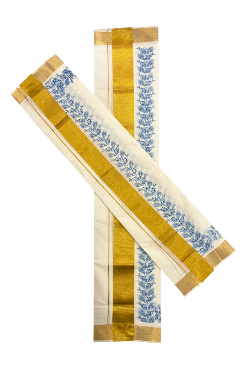 Pure Cotton Kerala Single Set Mundu (Mundum Neriyathum) with Blue Block Printed Kasavu Border