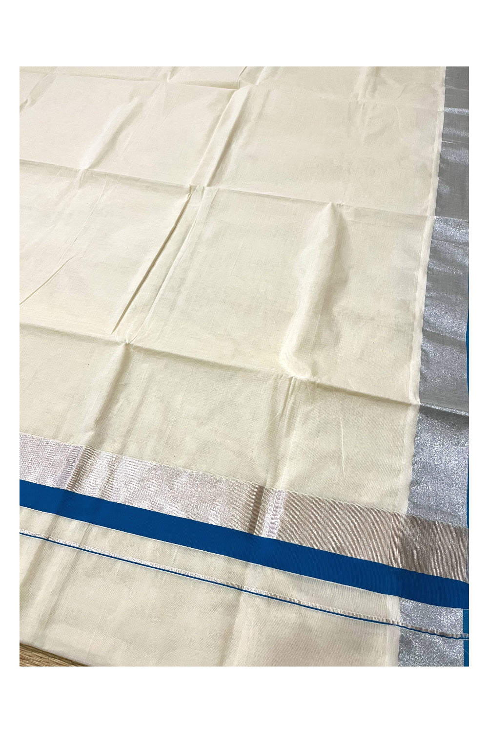 Pure Cotton Kerala Saree with Silver Kasavu and Blue Border (Onam 2023 Saree)