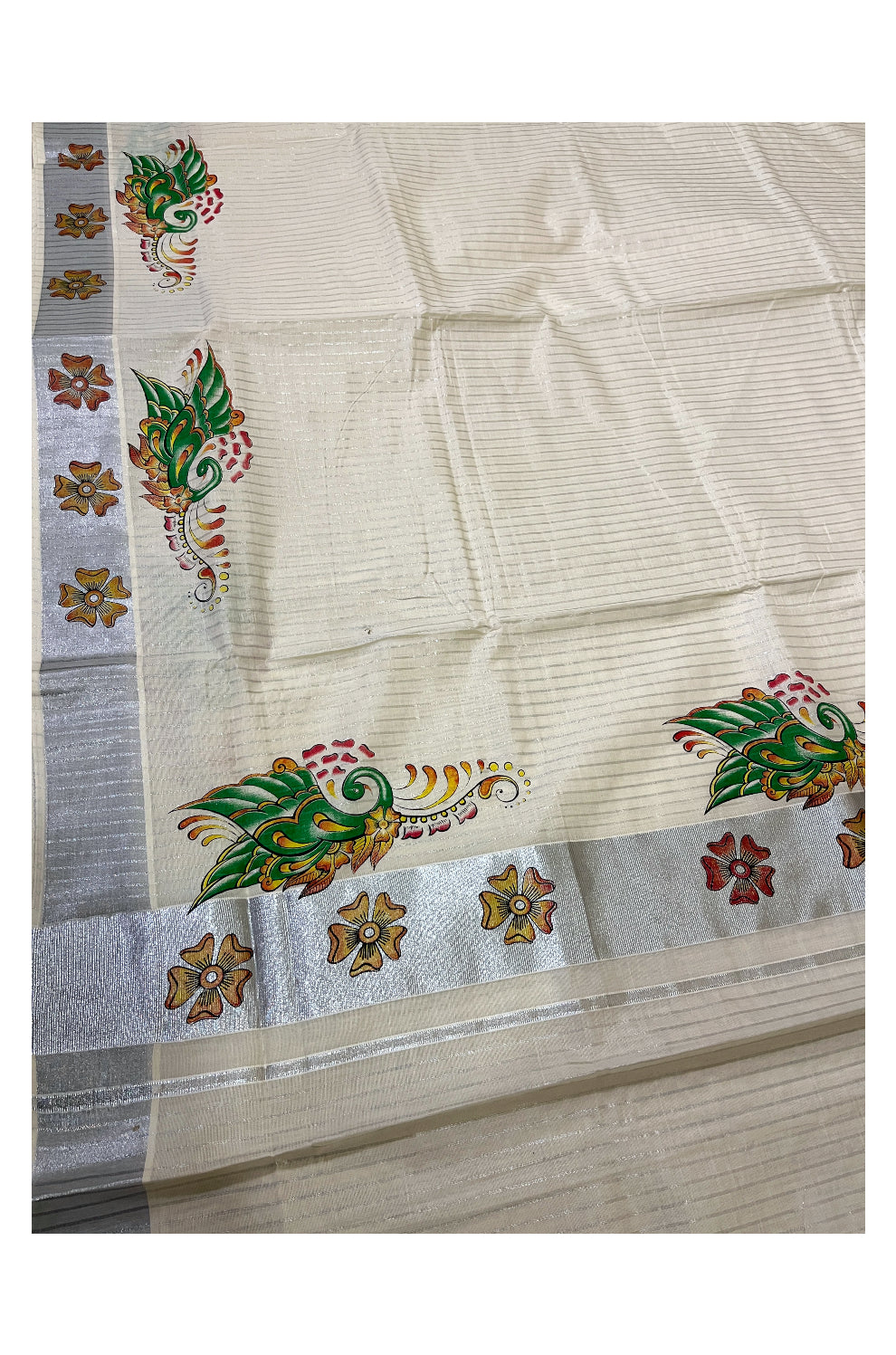 Pure Cotton Kerala Saree with Silver Lines and Mural Prints on Body