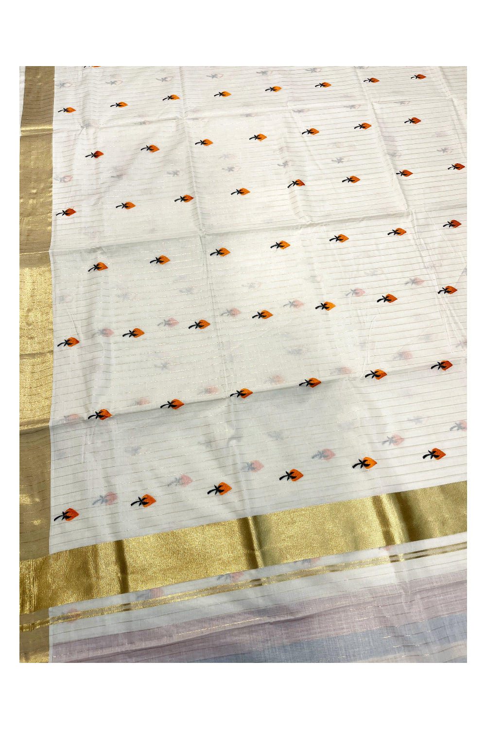 Kerala Cotton Kasavu Lines Saree with Orange Floral Embroidery Works On Body