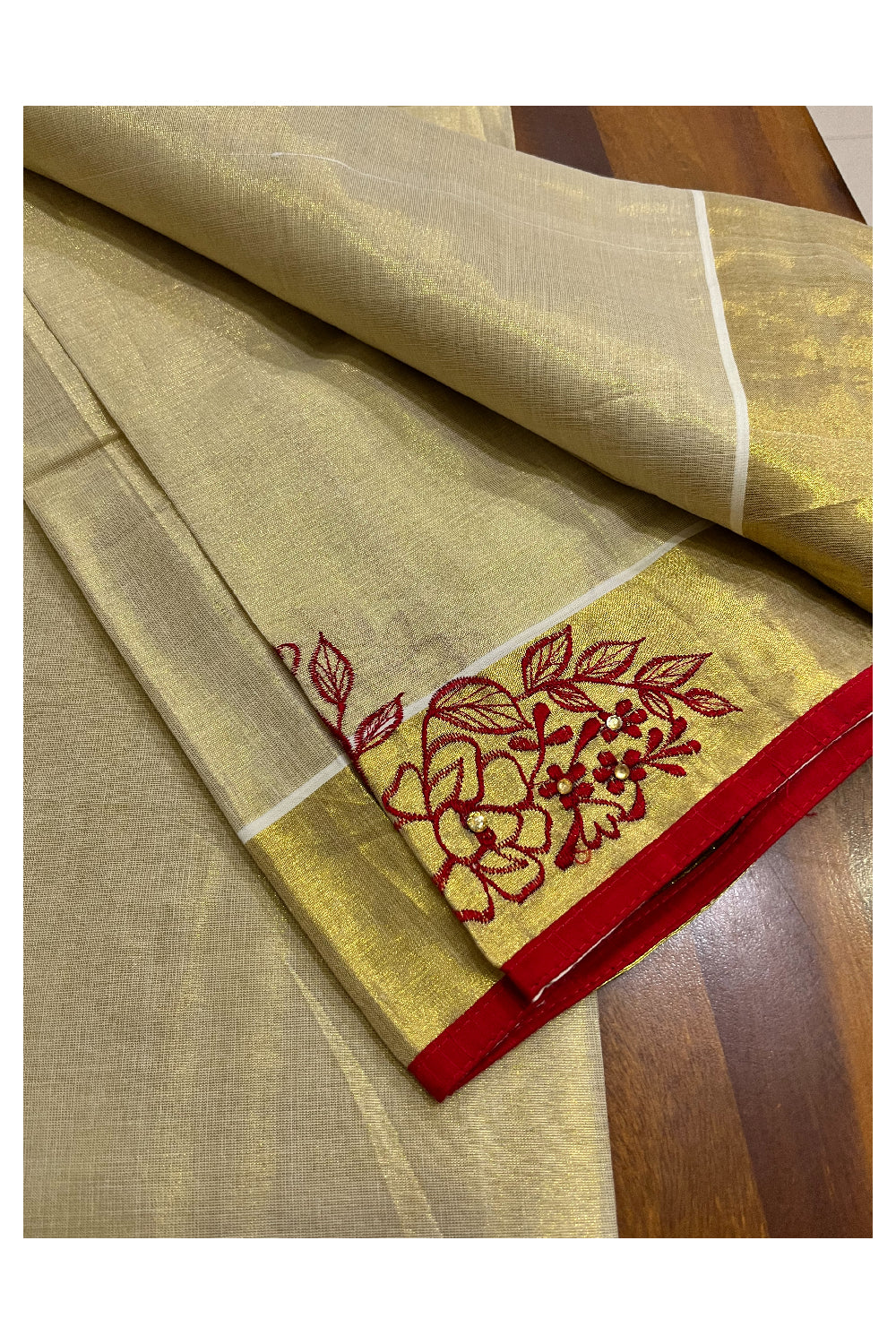 Kerala Tissue Kasavu Set Mundu (Mundum Neriyathum) with Handwork Design and Red Blouse Piece - 2.80Mtrs (Vishu 2024 Collection)