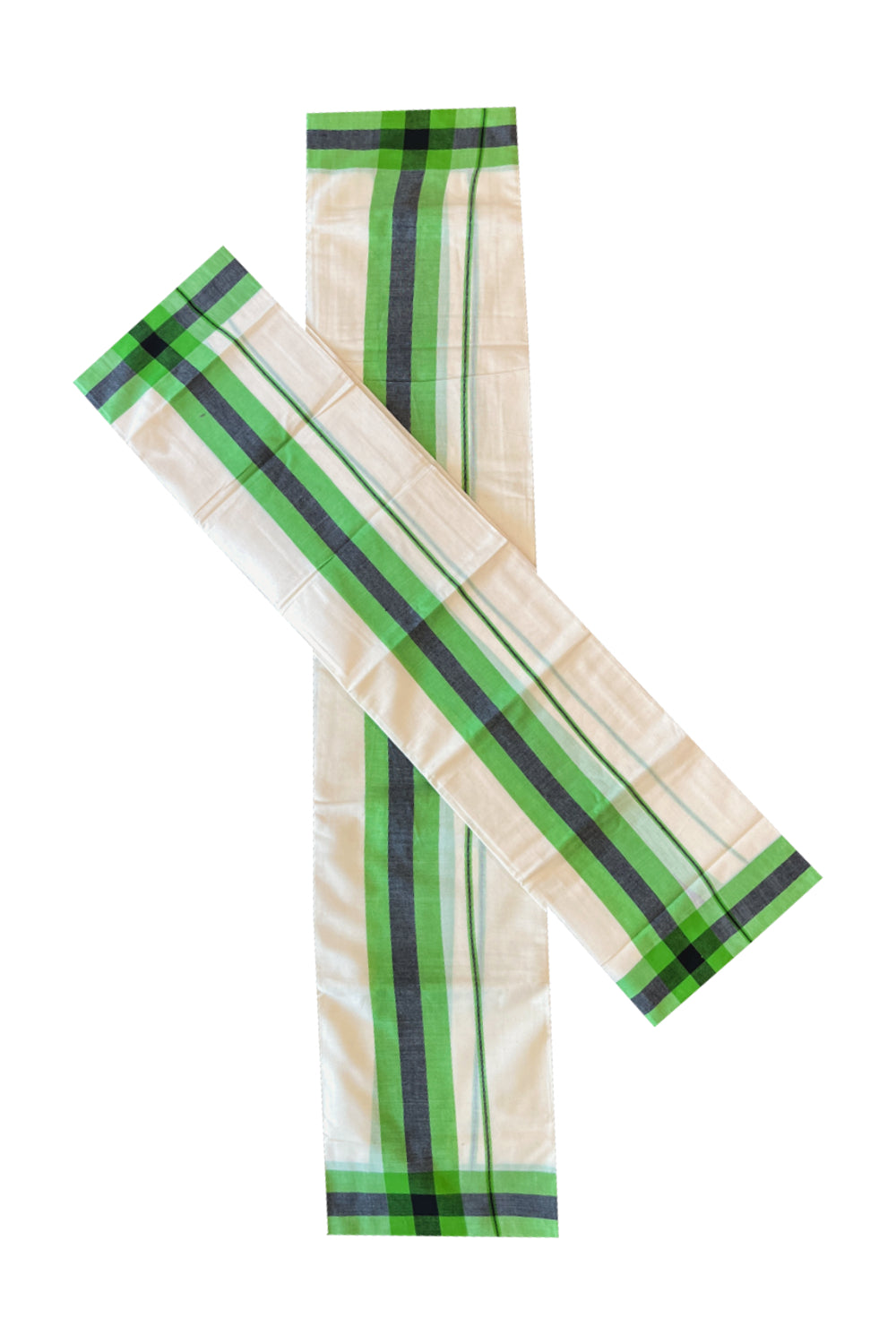 Cotton Mulloth Mundum Neriyathum Double (Set Mundu) with Green and Black Border