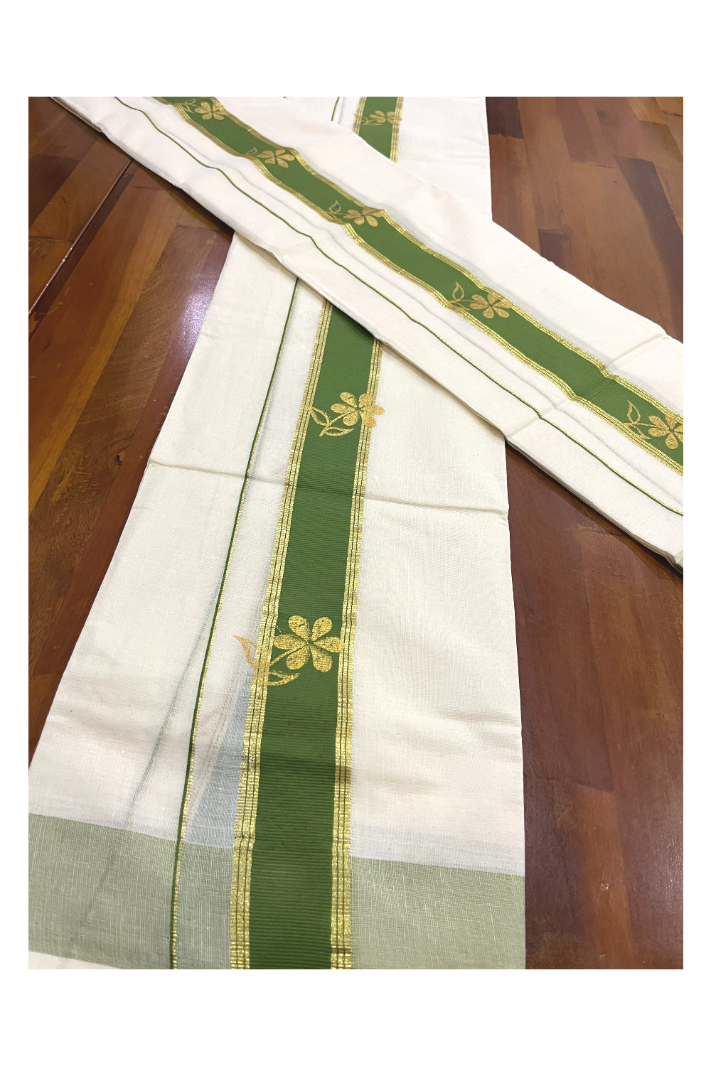 Cotton Single Set Mundu (Mundu Neriyathum) with Golden Floral Block Prints on Green Border (Onam Set Mundu 2023)