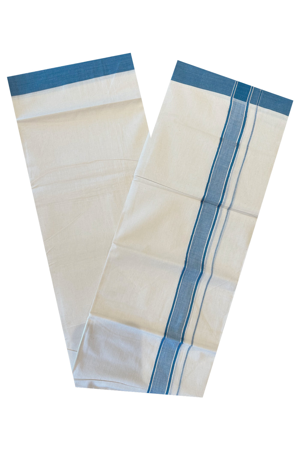 Kerala Pure Cotton Double Mundu with Blue and Silver Kasavu Border (Onam Mundu 2023)