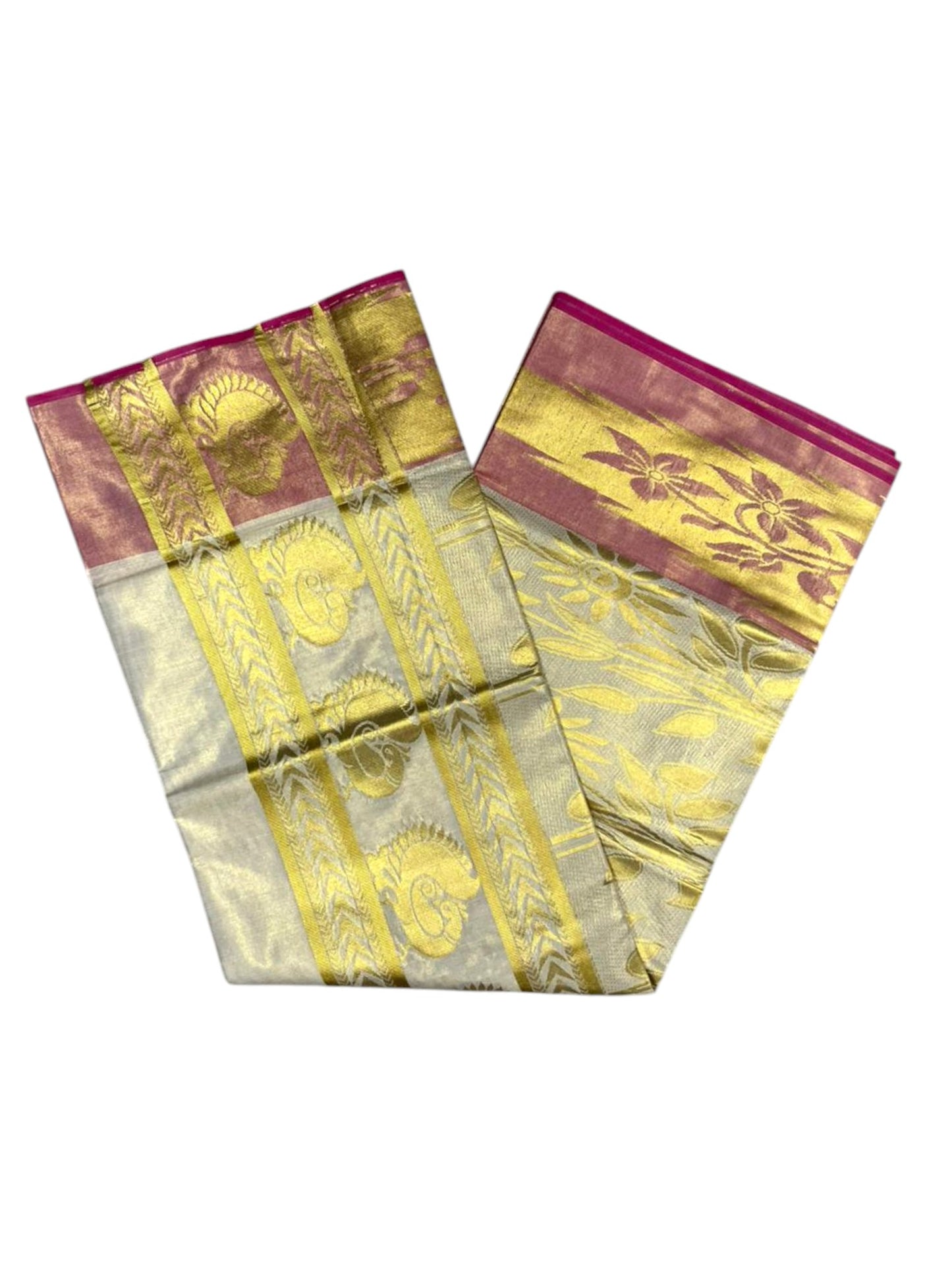 Southloom  Kerala Tissue Kasavu Heavy Work Saree with Peacock Design And Pink Border SL483