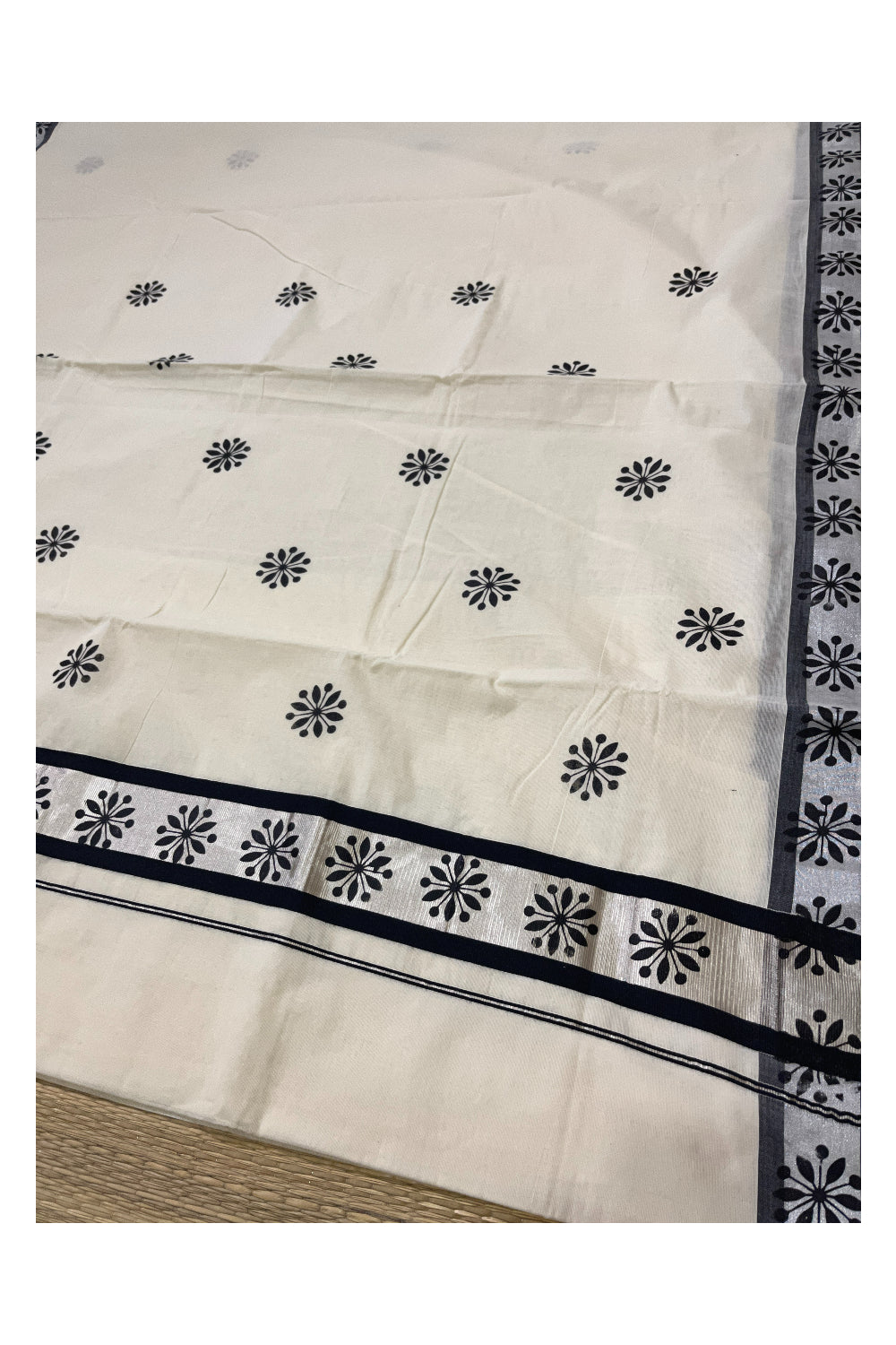 Pure Cotton Kerala Saree with Black Block Prints and Silver Border