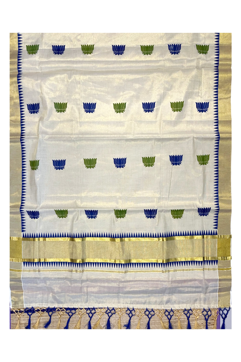 Kerala Tissue Kasavu Saree with Blue and Green Lotus Woven Designs