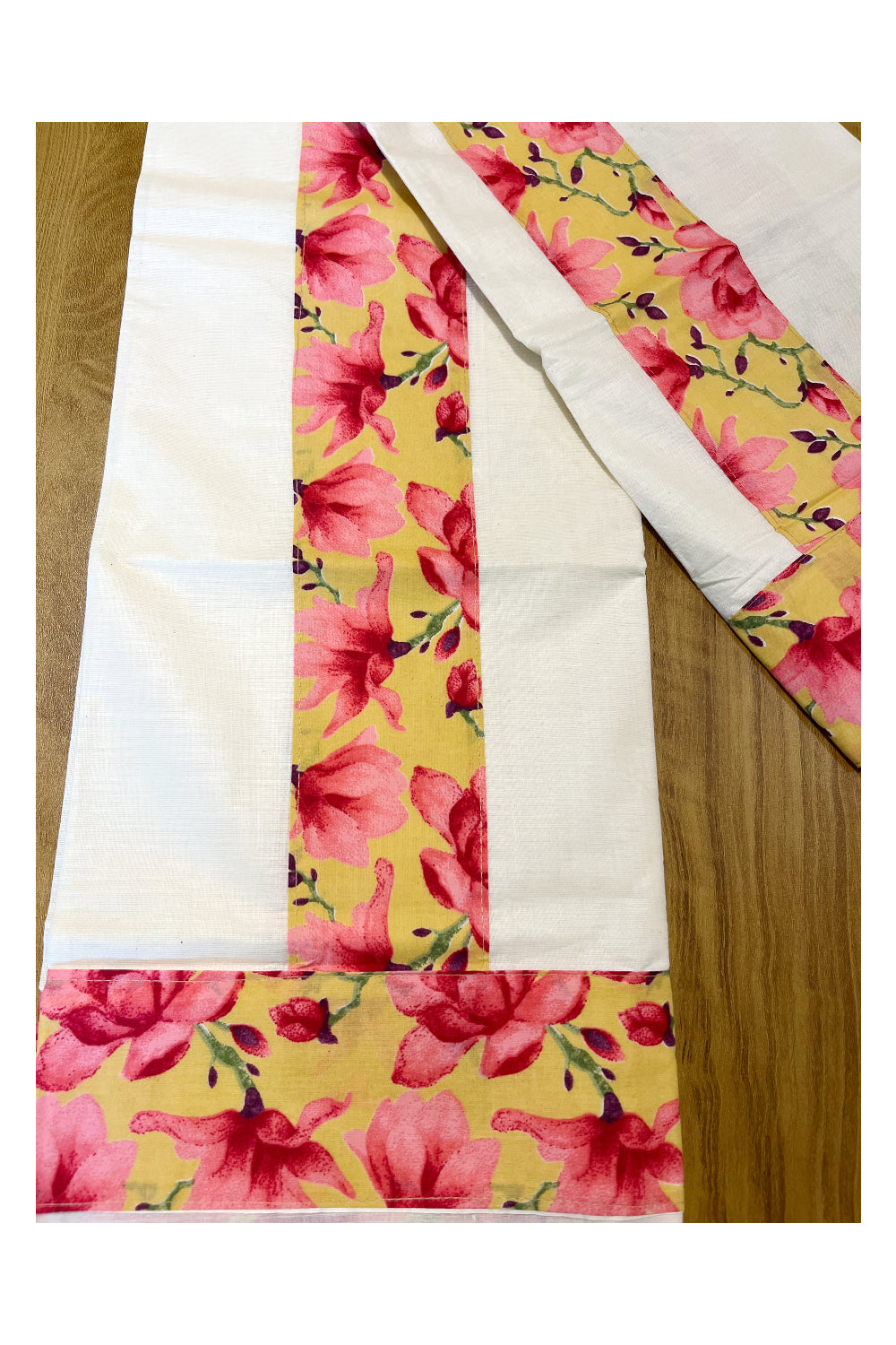 Kerala Cotton Set Mundu (Mundum Neriyathum) with Floral Designs and Seperate Blouse Piece