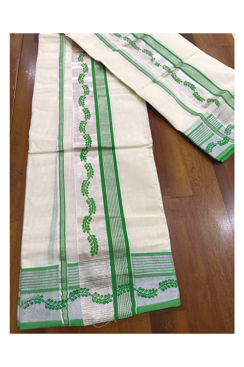 Kerala Cotton Single Set Mundu (Mundum Neriyathum) with Light Green Block Prints and Silver Kasavu Border 2.80 Mtrs (Onam set Mundu 2023)