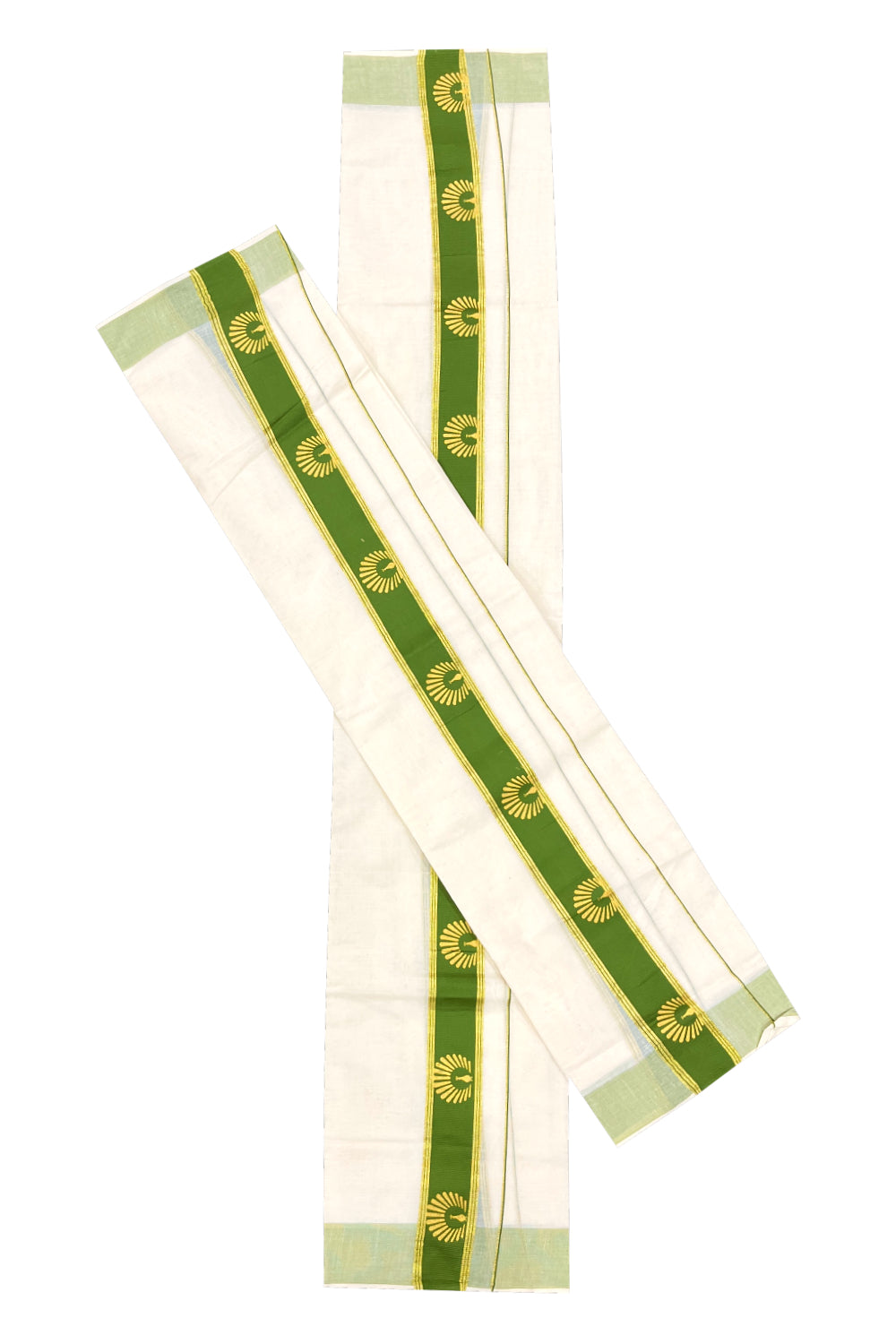 Cotton Single Set Mundu (Mundu Neriyathum) with Golden Block Prints on Green Border