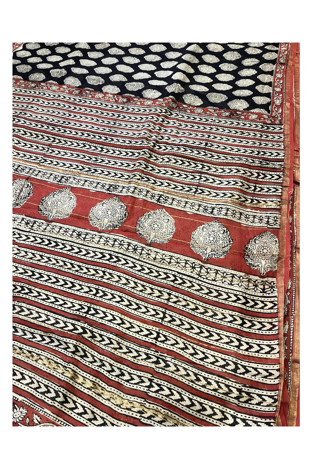 Southloom Chanderi Black Saree with Designer Beige Prints on Body