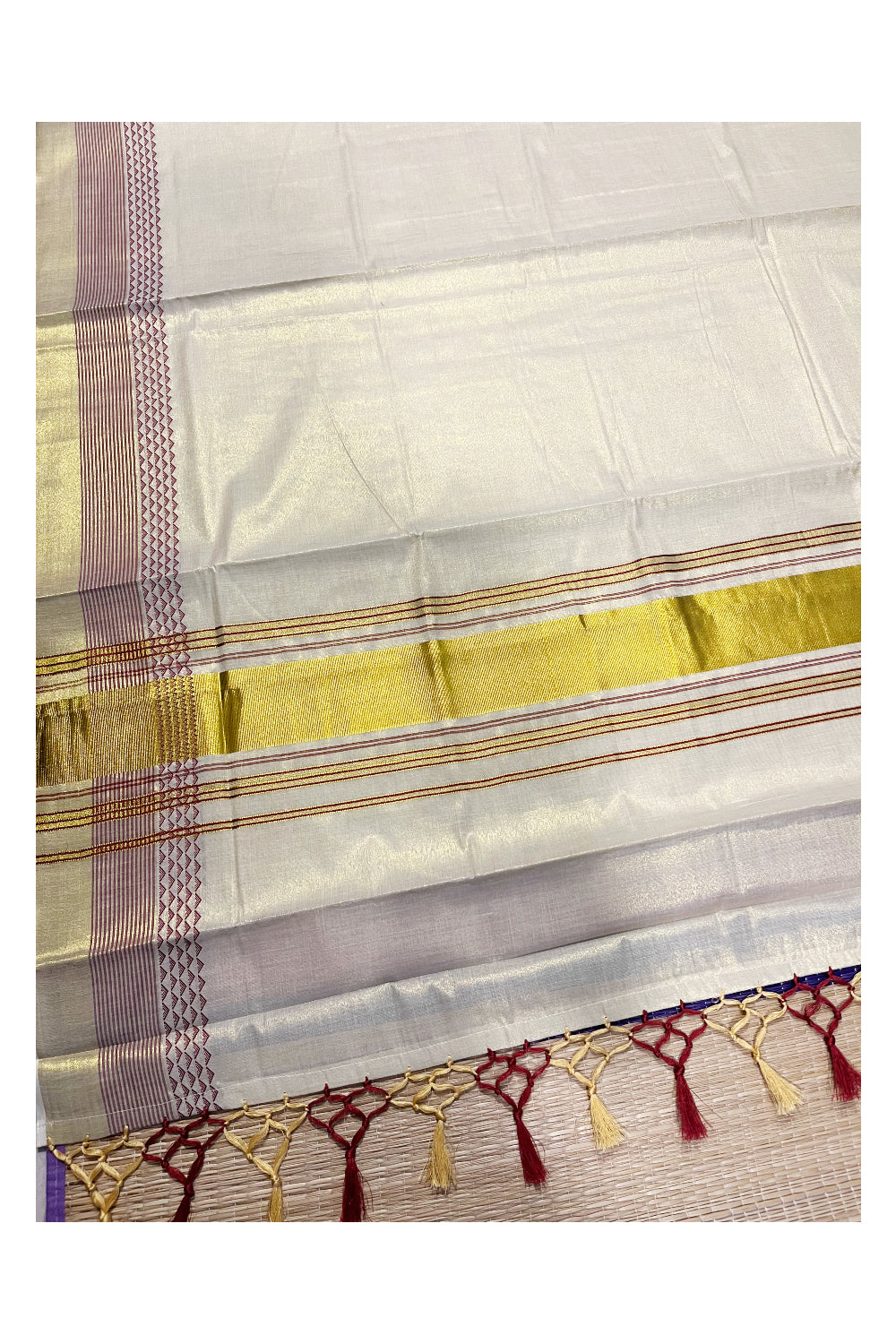 Kerala Tissue Kasavu Saree with Maroon Designs On Border