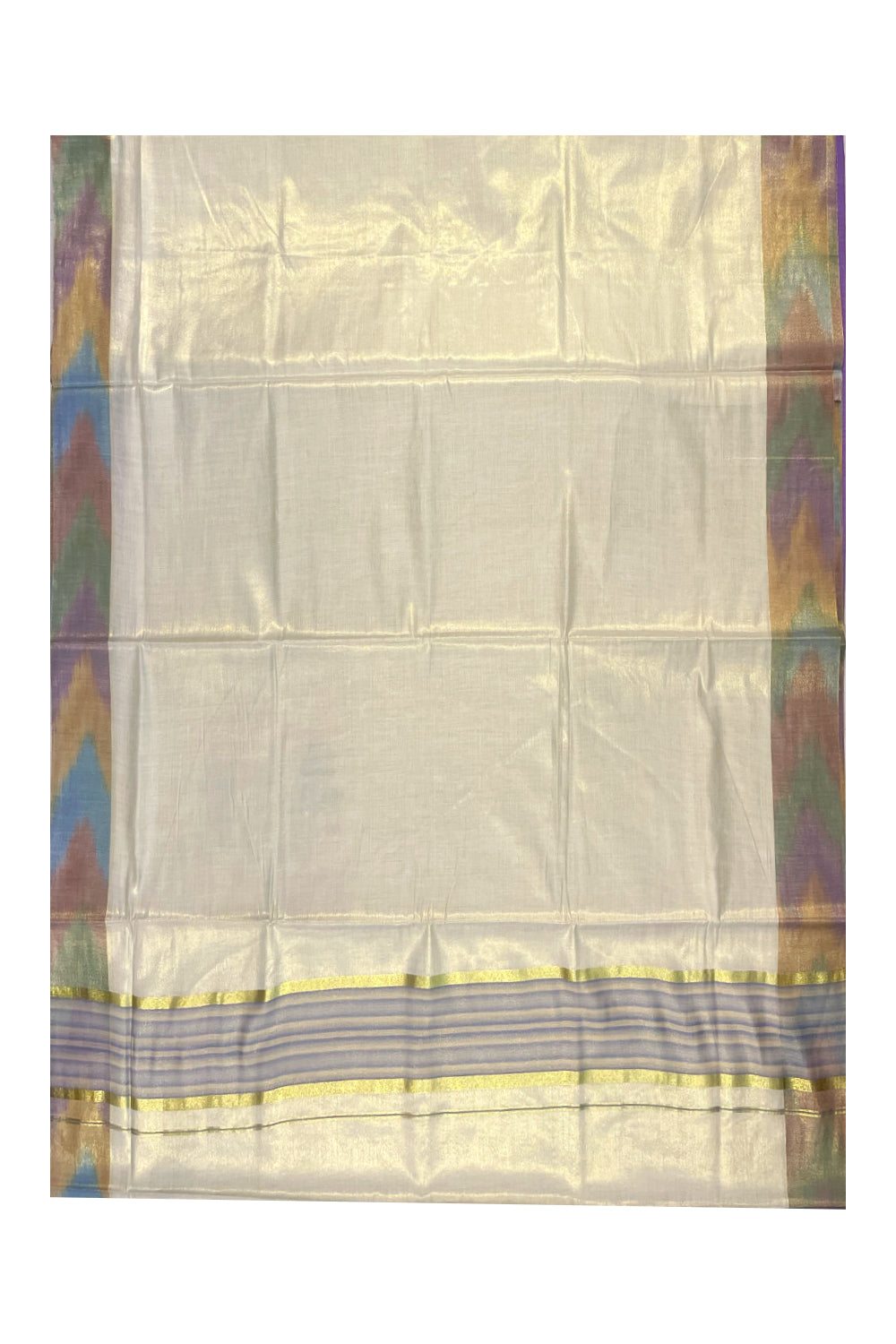 Southloom Kerala Tissue Kasavu Saree with Blue and Cream Pochampally Design on Borders and Kara