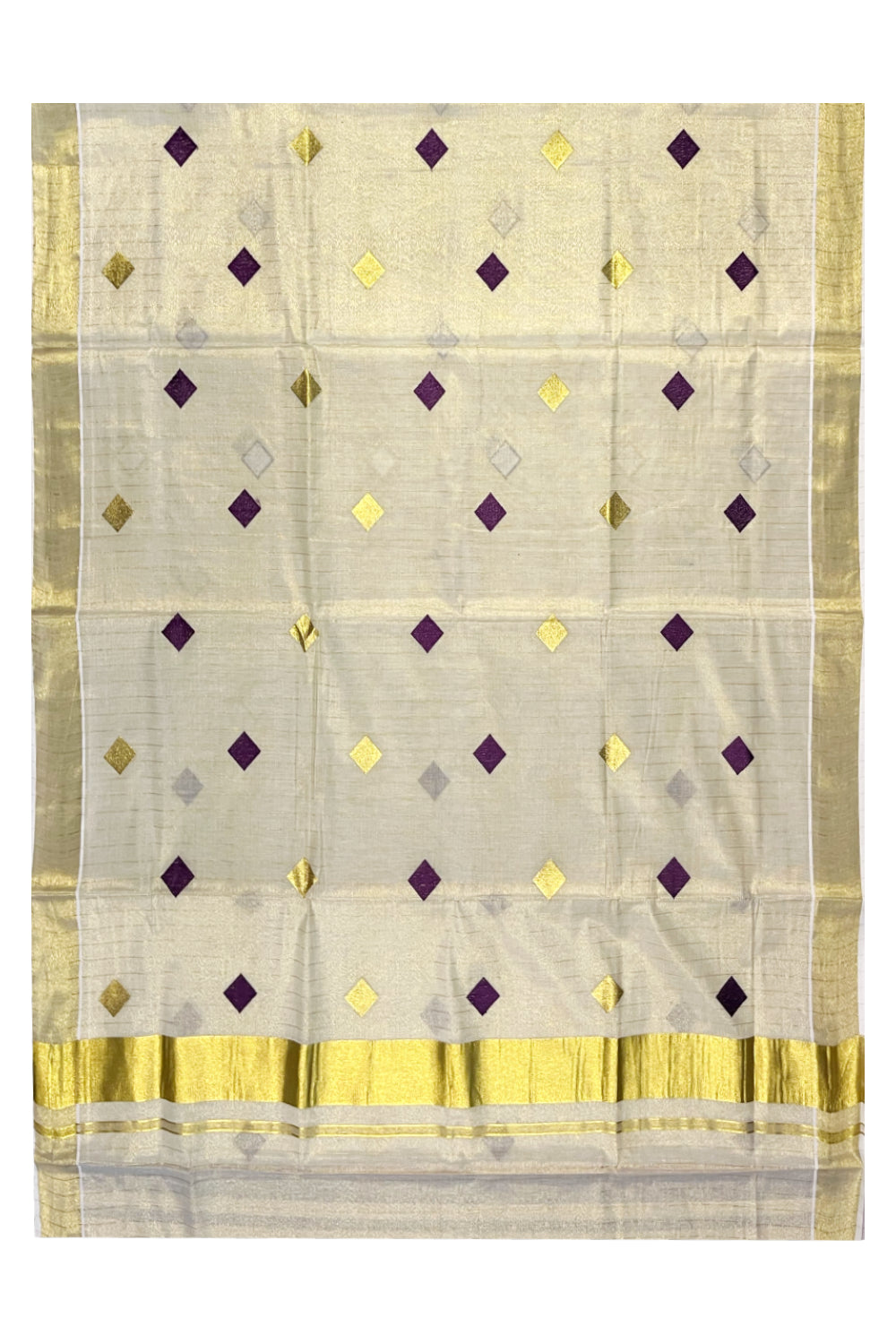 Kerala Tissue Kasavu Lines Saree with Violet and Golden Diagonal Woven Designs on Body and Pallu