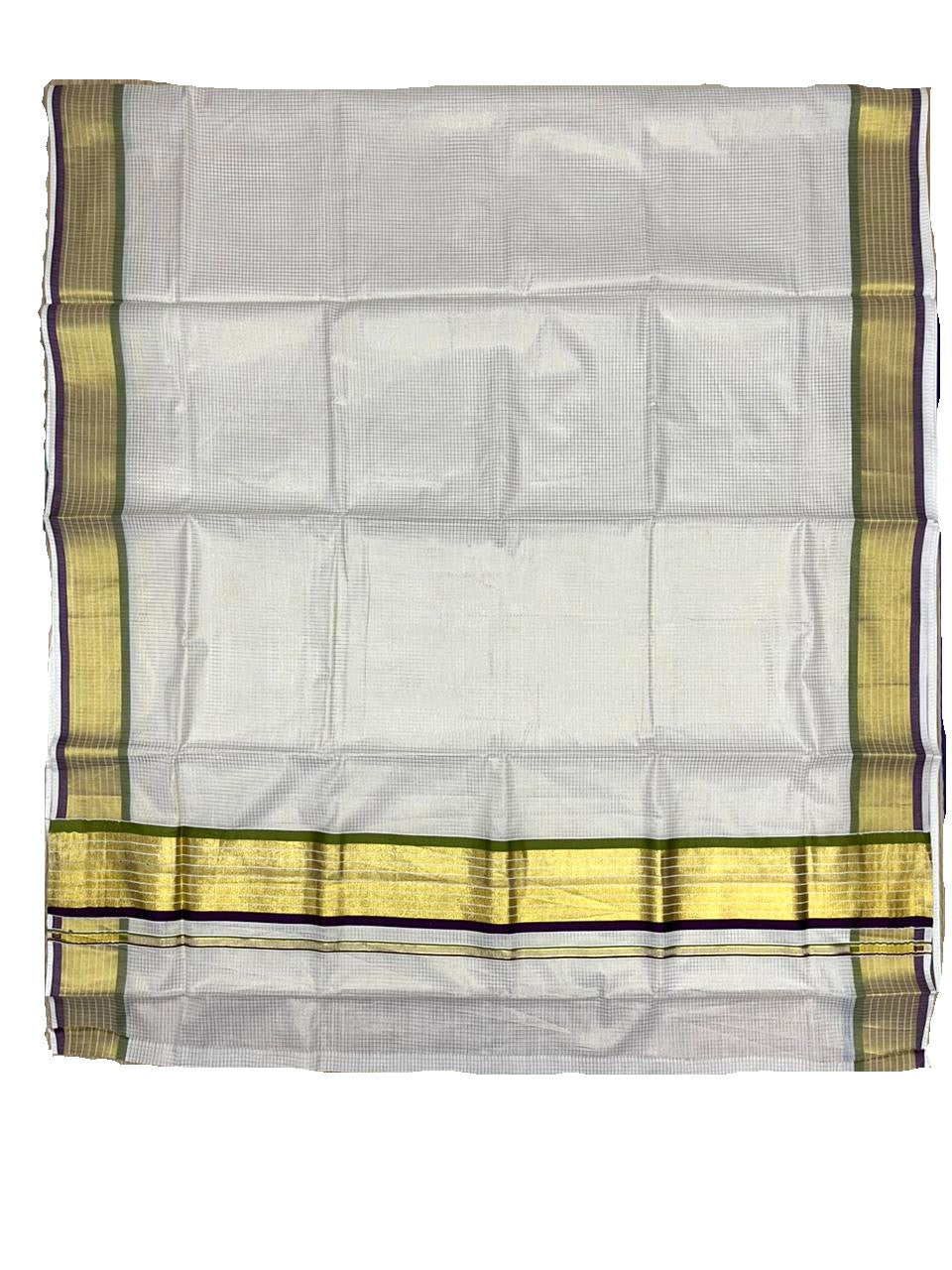 Southloom Kerala Cotton Kasavu Saree with Micro Check Design on Body in Purple & Olive Green Border SL451