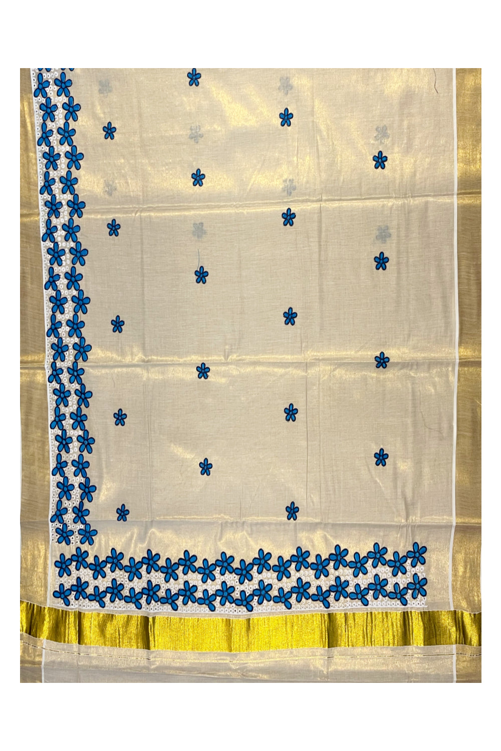 Kerala Tissue Kasavu Saree with Blue Floral Embroidery Works