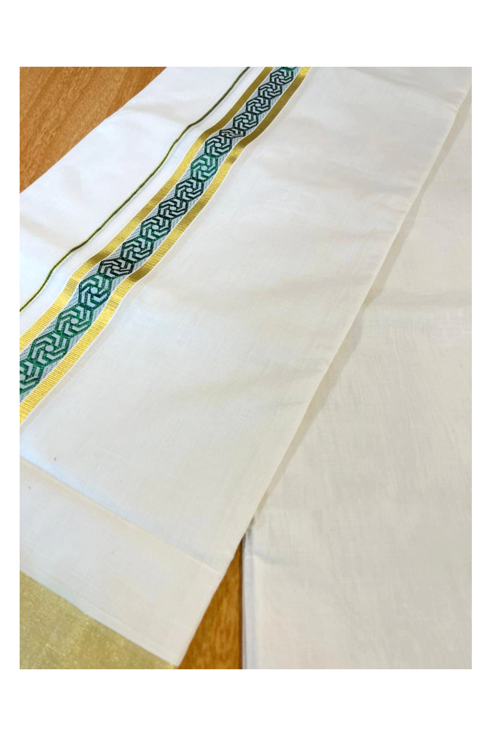 Southloom Premium Handloom Pure Cotton Mundu with Green and Kasavu Woven Border